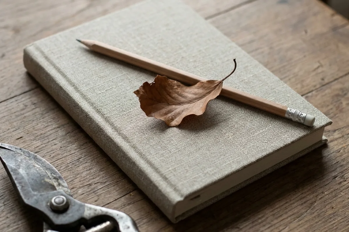 A notebook and pencil beside a pair of secateurs and a fallen leaf