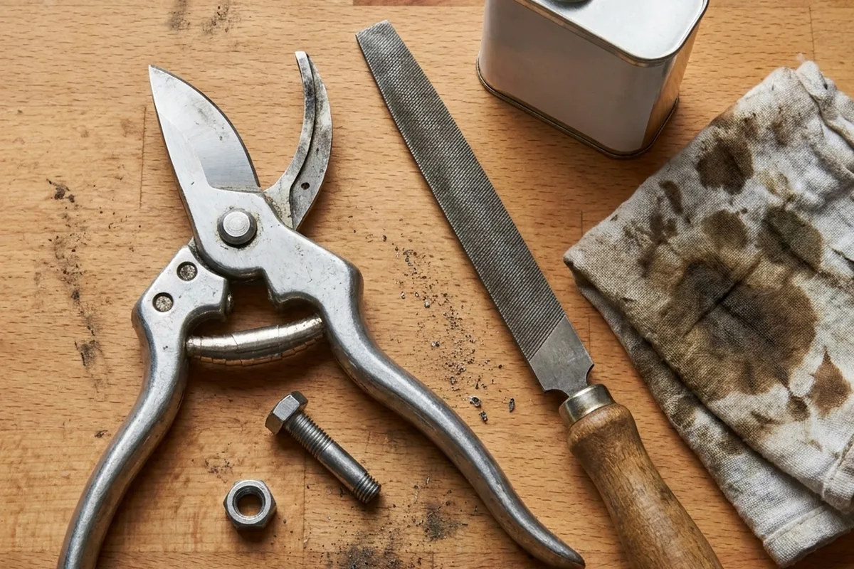 Pruning shears beside a sharpening file, oil tin and whetstone on a workbench