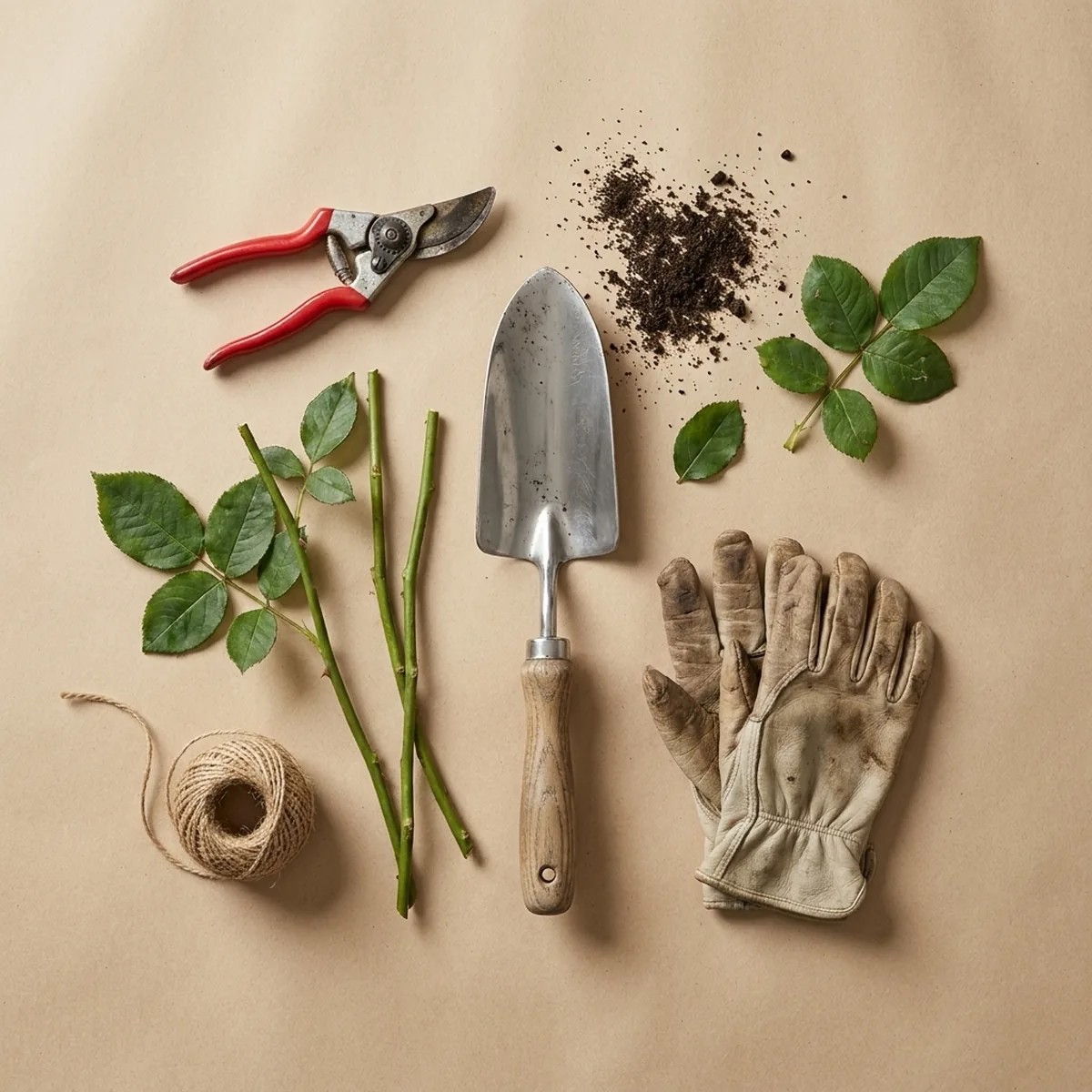 Garden tools laid out on kraft paper: secateurs, a hand trowel, leather gloves, twine, rose cuttings and a scoop of compost