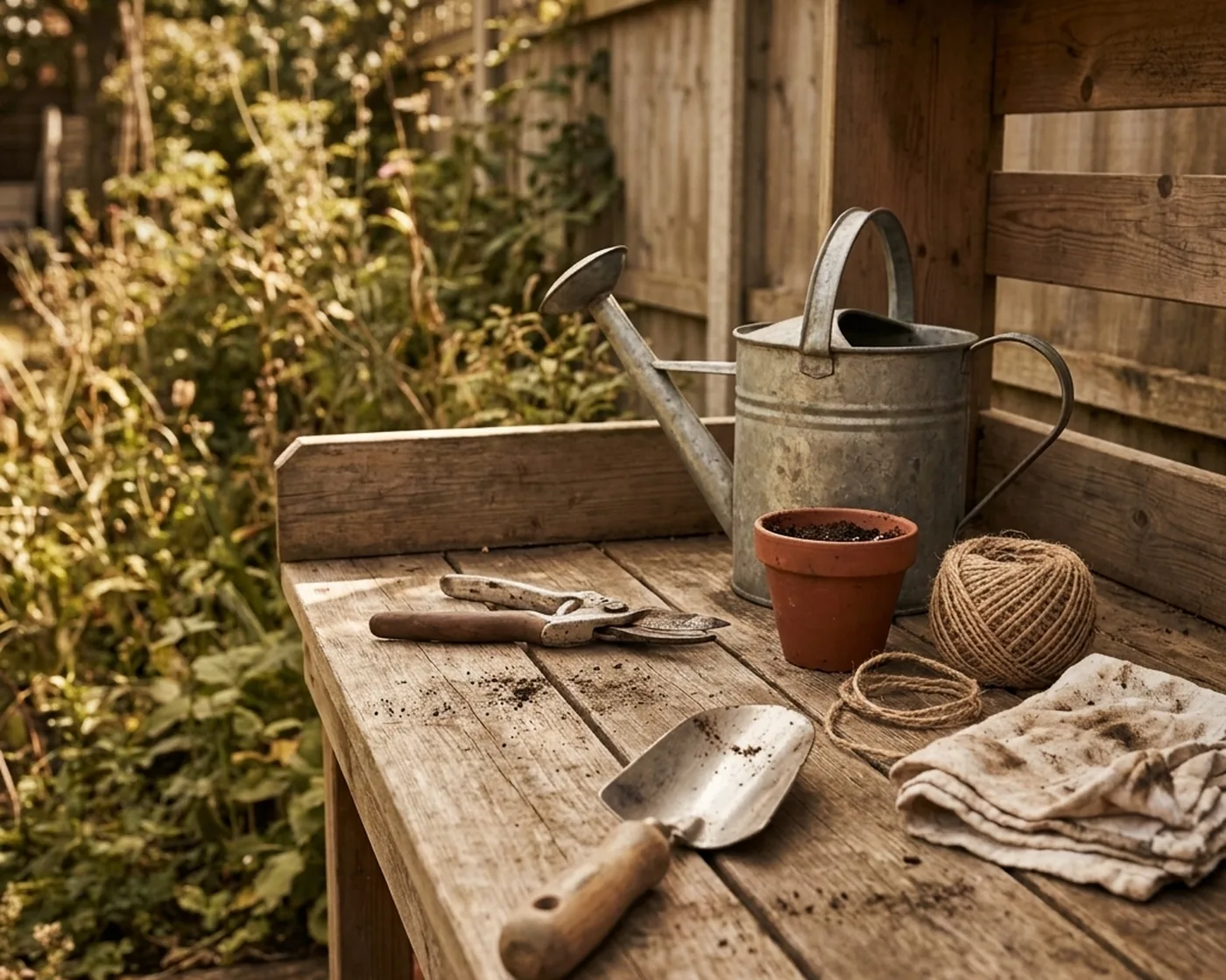A potting bench with a watering can, hand tools and twine