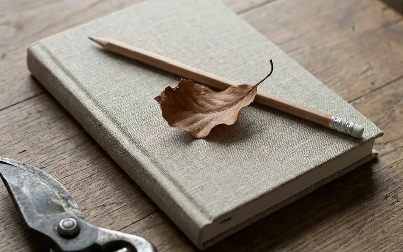 A notebook and pencil beside a pair of secateurs