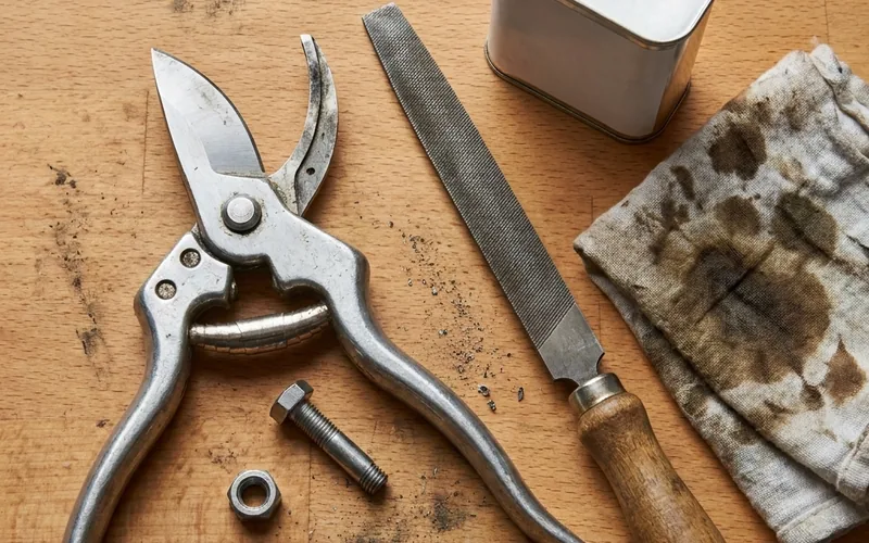 Pruning shears beside a sharpening file and oil tin