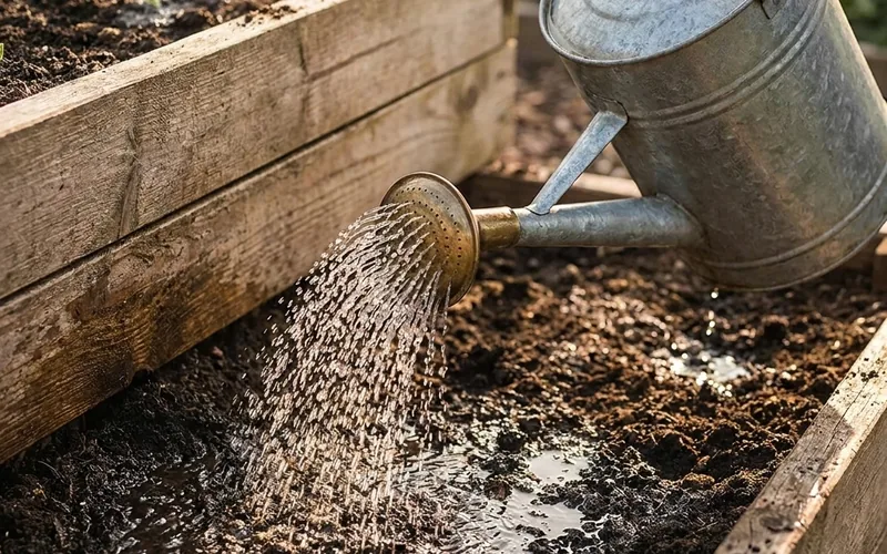 A watering can watering seedlings in a raised bed