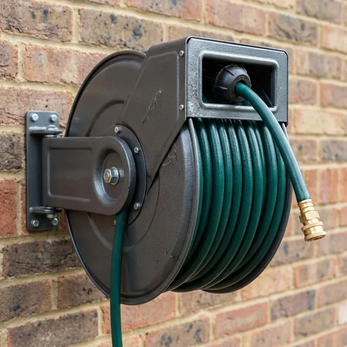 Wall-mounted retractable hose reel with 20 metres of hose