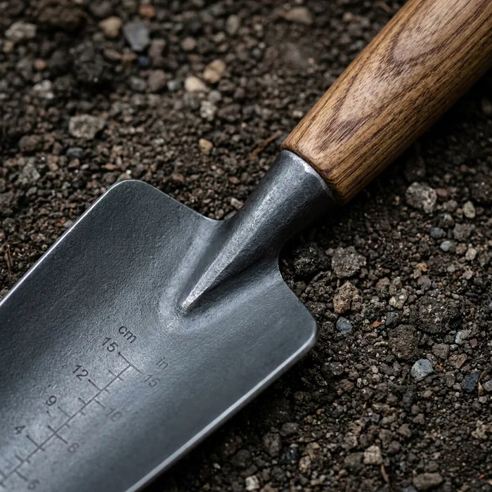 Stainless steel hand trowel with an ash handle and depth markings