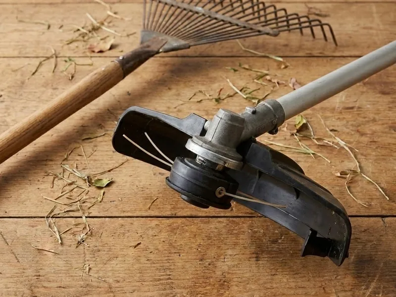 A lawn rake and a grass trimmer head on decking