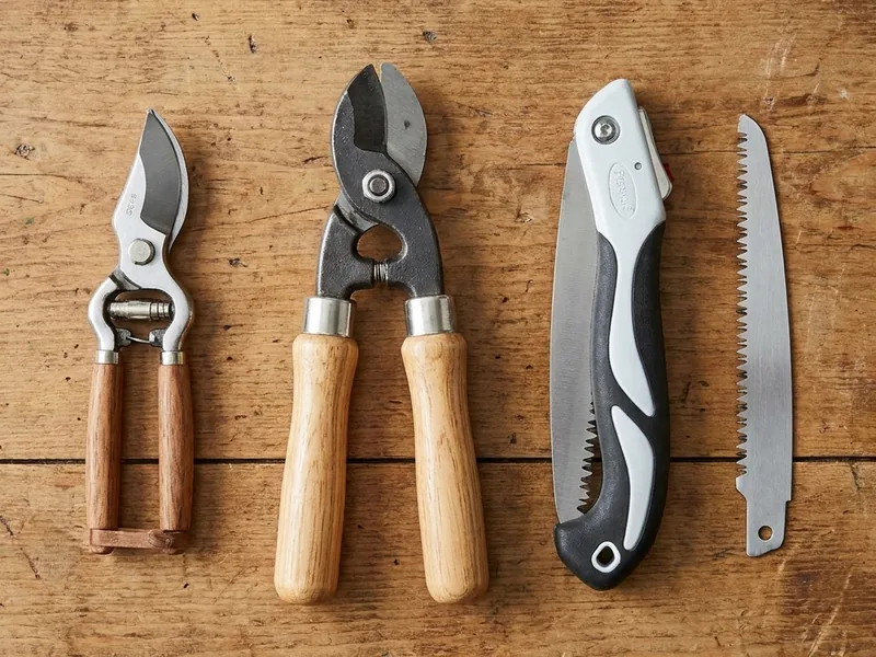 Secateurs, loppers, shears and a pruning saw laid out on a workbench