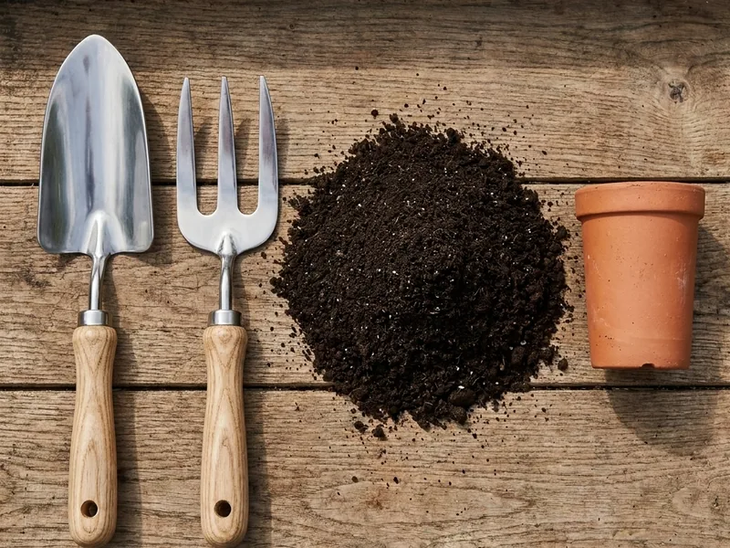 A hand trowel and fork beside a mound of compost and a terracotta pot