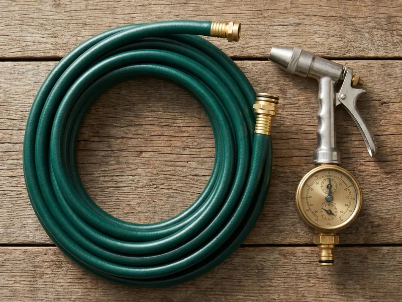A coiled garden hose with a brass nozzle and pressure gauge